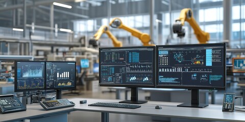 Fototapeta premium Mockup of modern monitoring with AI control on several desktop computers In the background is a modern 4.0 factory environment with robot arms and assembly lines