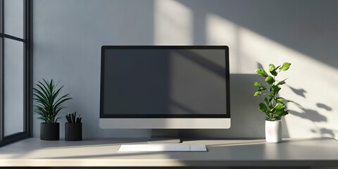 Minimalist office background computer display mockup 