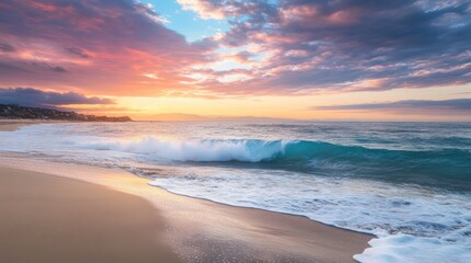 Fototapeta premium A beautiful sandy beach with a wave crashing on the shore at sunset.