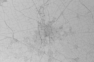 Map of the streets of Brugge (Belgium) made with black lines on grey paper. Top view. 3d render, illustration