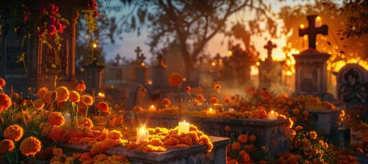 Tranquil D?­a de los Muertos Cemetery Scene at Dusk with Marigolds and Flickering Candles