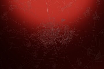 Street map of Plovdiv (Bulgaria) engraved on red metal background. Light is coming from top. 3d render, illustration