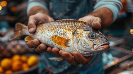 A fisherman proudly holds a fresh catch of the day at a bustling market in the evening light. Generative AI