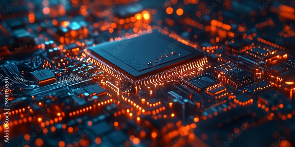 Poster microcircuit close-up. theme of new computer technologies and microchips.