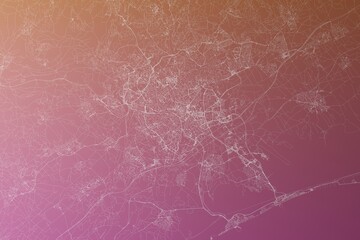 Map of the streets of Montpellier (France) made with white lines on pinkish red gradient background. Top view. 3d render, illustration