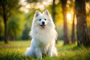 The American Eskimo dog, its fluffy white coat glistening in the sunlight, sits placidly outside, its eyes fixed on the horizon, amidst a backdrop of swaying trees and verdant grass.