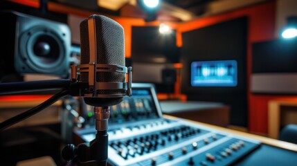 A close-up of a microphone in a recording studio with sound equipment in the background.