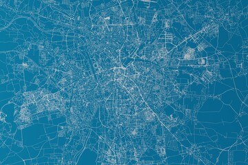 Map of the streets of Leipzig (Germany) made with white lines on blue background. 3d render, illustration