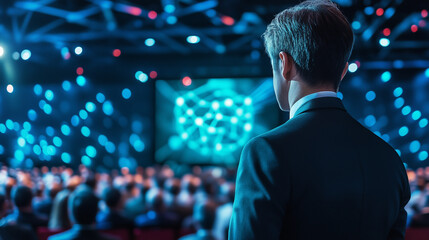Fototapeta premium AI-enhanced real-time speech translation during international conferences, providing seamless communication across languages through advanced natural language processing and machine learning. The scen