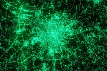 Map of the streets of Leipzig (Germany) made with green illumination and glow effect. Top view on roads network. 3d render, illustration