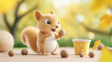 Fototapeta premium Cute Squirrel Collecting Acorns in Autumn Forest