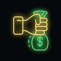 Glowing neon sign of a businessman hand firmly holding a bag of money on a black background