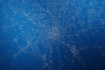 Stylized map of the streets of Milan (Italy) made with white lines on abstract blue background lit by two lights. Top view. 3d render, illustration