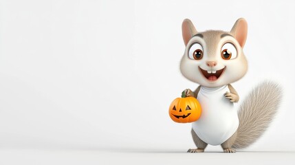 Obraz premium Cute Cartoon Squirrel Holding Pumpkin for Halloween