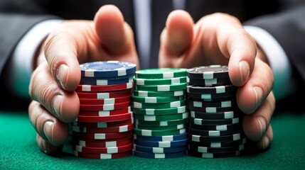 Naklejka premium A close-up of hands holding poker chips in various colors, symbolizing strategy and excitement in gambling and casino games.