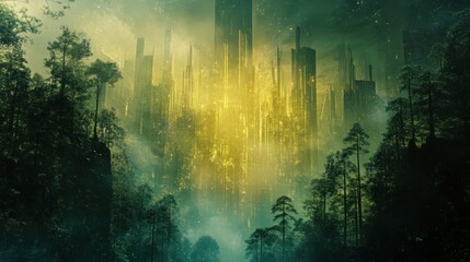 Obraz premium A mystical cityscape shrouded in mist and illuminated by ethereal light.