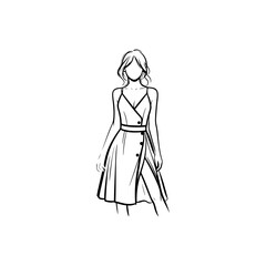 model logo sign with line sharp woman modern style and star vector art design. Vector beautiful woman silhouette series, minimalism. Young women, ladies, brides or fashion models in evening dresses.