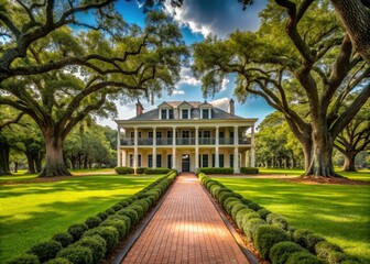 The grand entrance unfolds, a sweeping vista of antebellum elegance, with a meandering path approaching the majestic plantation house's colonial-style façade.