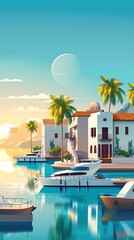 Fototapeta premium Tropical Villa with Palm Trees and Yachts in the Bay