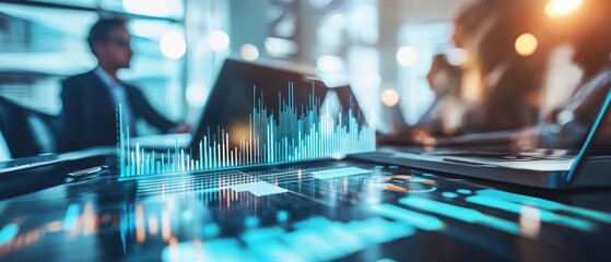 A digital graph overlay on a laptop, symbolizing data analysis in a business meeting.