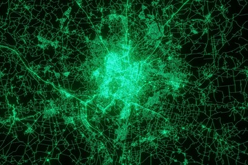 Map of the streets of Vilnius (Lithuania) made with green illumination and glow effect. Top view on roads network. 3d render, illustration