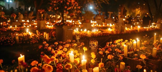 Day of the Dead Cemetery with Candlelight, Marigolds, and Sugar Skulls - Memorial Celebration