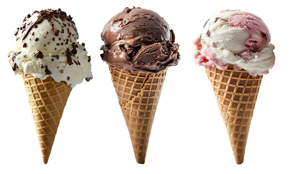 Tr&ecirc;s bolas de sorvete em cones de waffle com fundo transparente