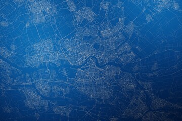 Stylized map of the streets of Rotterdam (Netherlands) made with white lines on abstract blue background lit by two lights. Top view. 3d render, illustration
