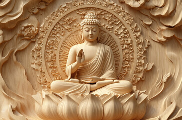 a golden Buddha statue sitting on lotus flowers, with a golden background and a light brown color scheme