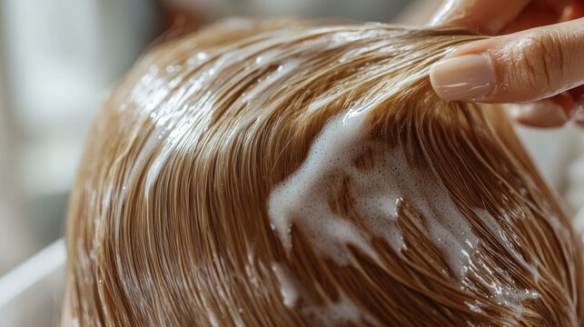 A person applying hair treatment to repair damaged hair, with a focus on the dry, brittle texture.
