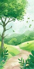 Fototapeta premium Green Watercolor Illustration Of Forest With Path And Birds