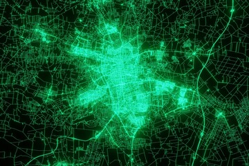 Map of the streets of Lodz (Poland) made with green illumination and glow effect. Top view on roads network. 3d render, illustration