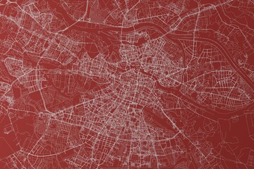 Map of the streets of Wroclaw (Poland) made with white lines on red background. Top view. 3d render, illustration