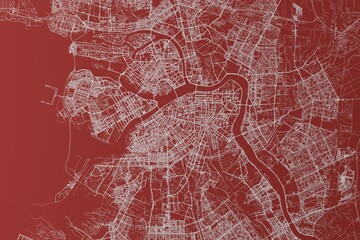 Map of the streets of St Petersburg (Russia) made with white lines on red background. Top view. 3d render, illustration