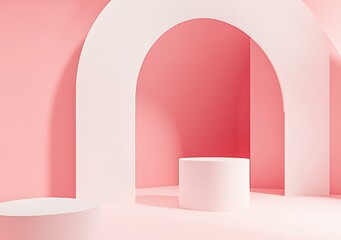 Abstract Pink and White Archway Background with Cylindrical Platforms