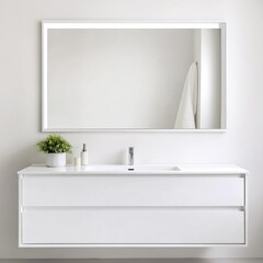 Fototapeta premium Frameless mirror with integrated LED lighting in a clean, white bathroom, minimalist bathroom mirror, modern simplicity