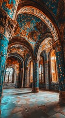 Obraz premium Ornate Interior of an Ancient Building With Blue and Orange Tiles