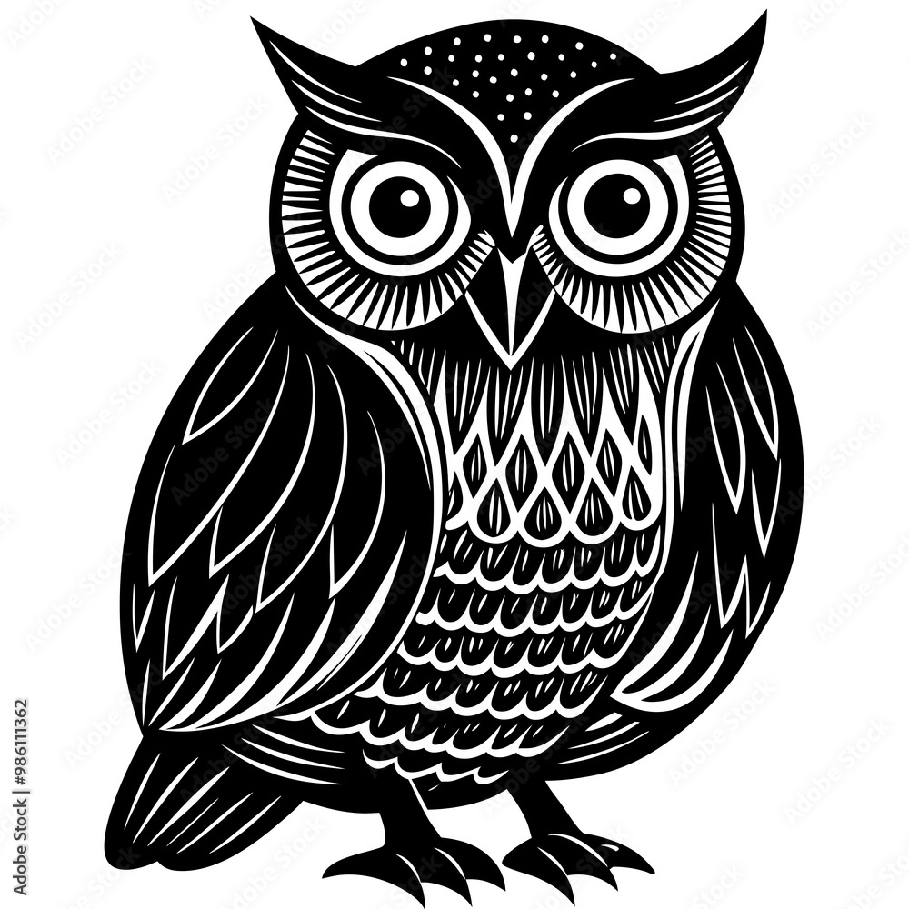 Poster Hand-drawn owl in a minimal linocut style vector illustration