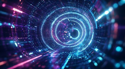 Obraz premium Abstract digital tunnel with neon lights and swirling patterns.