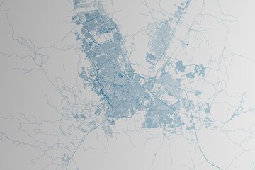 Map of the streets of Chihuahua (Mexico) made with blue lines on white paper. 3d render, illustration
