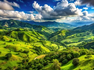Obraz premium Tolima's picturesque landscape comes alive with majestic green mountains and distant hills, harmoniously blending earthy tones with an unbroken sense of tranquility.