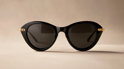 Black cat-eye sunglasses with gold accents on a light brown background.