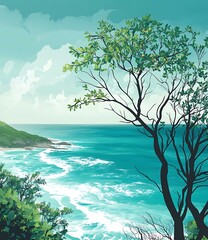 Tropical Landscape Illustration With Ocean And Tree