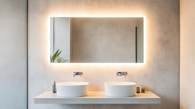Frameless rectangular mirror with integrated lighting in a beige minimalist bathroom, minimalist bathroom mirror, warm elegance