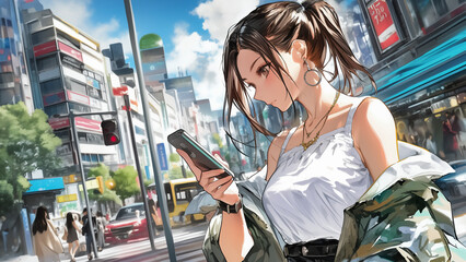 Trendy young woman using smartphone in busy city street, wearing casual chic outfit and accessories
