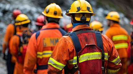 Fototapeta premium A team of rescue workers in bright safety uniforms and helmets preparing for a drill in a disaster area.