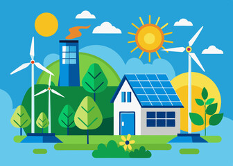 Renewable energy sources windmill solar panels vector illustration