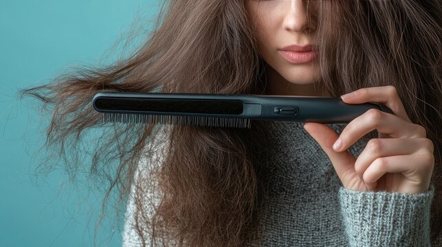 A woman holding a flat iron next to her frizzy, damaged hair, illustrating the impact of frequent heat styling.