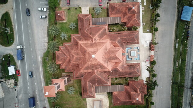 Besut, Terengganu, Malaysia - September 17, 2024: Top view of the mosque in Besut, which represent the malay traditional architecture