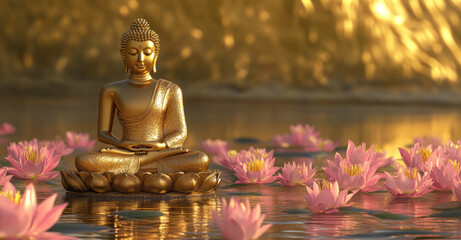 Golden Buddha statue sitting on a lotus flower, with pink flowers surrounding it, against a golden background, with a water reflection and heavenly light.